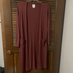 Mauve ribbed knit pocket duster cardigan